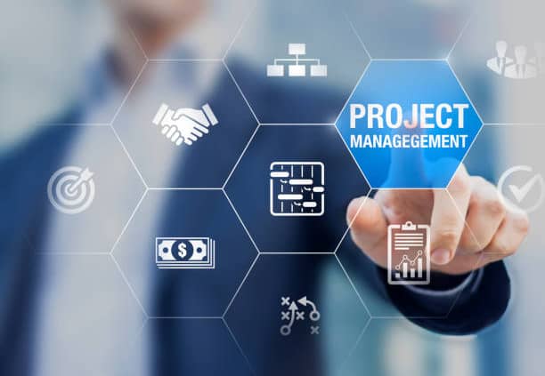 Professional project manager with icons about planning tasks and milestones on schedule, cost management, monitoring of progress, resource, risk, deliverables and contract, business concept